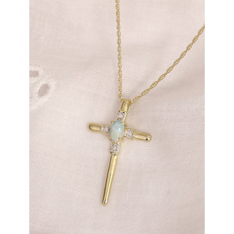 14K Gold Over Silver Cross Necklace for Women with Opal & White Diamond Accents