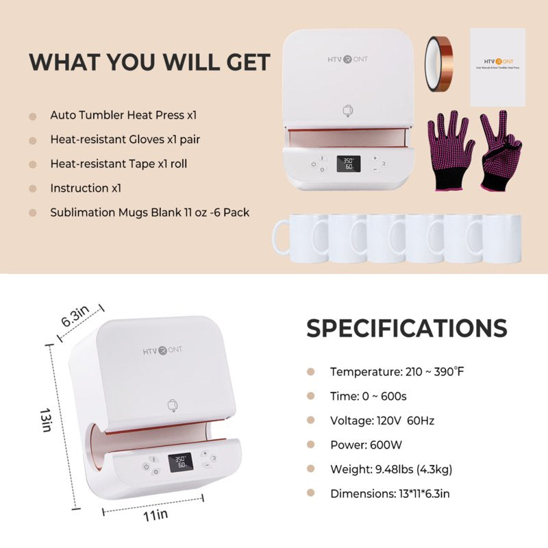 Auto Mug Heat Press Machine for Sublimation with 6 11oz Mugs Bundle
