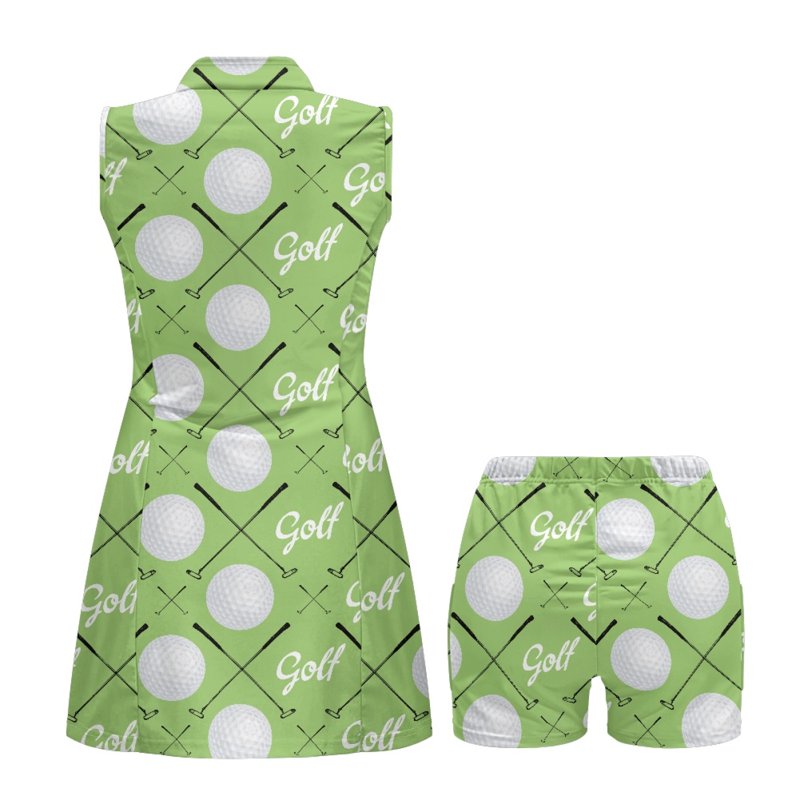 Golf Ball Club Green Print Sleeveless Golf Dress Two-Piece Set with Built-In Shorts - 2XL