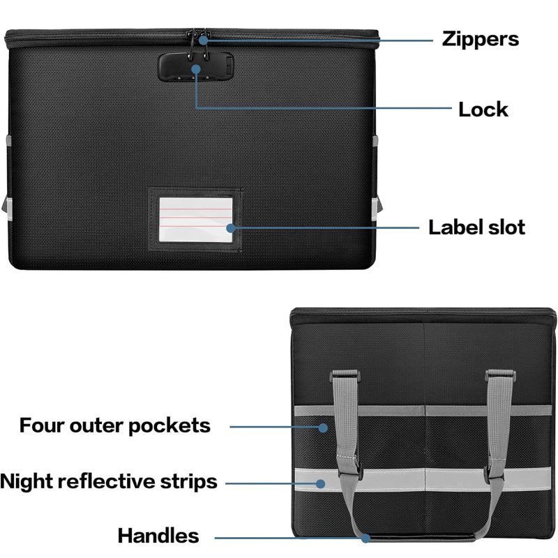 Fireproof Water-Resistant Document Safe Box with Lock - Collapsible File Organizer for Home Office, Black