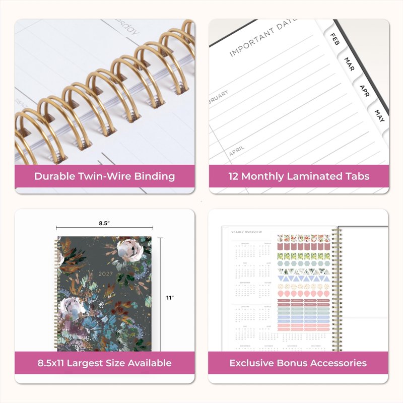 2027 Weekly & Monthly Planner Calendar with Durable Twin Wire Binding and Storage Pocket