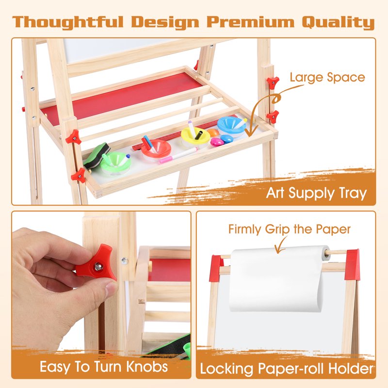 Wooden Art Easel with Double-Sided Chalkboard & Whiteboard - Adjustable & Foldable Art Stand with Accessories