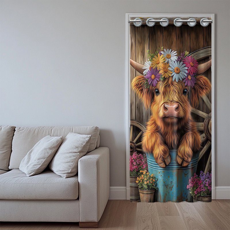 Highland Cattle Door Curtain - Room Divider with Flowers, 78x39 Inch