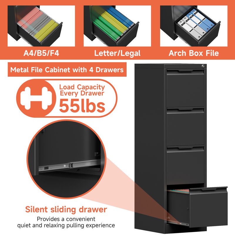 Metal File Cabinet with Lock, 4 Drawers for Home Office, Black, Fits Letter A4 Legal Files