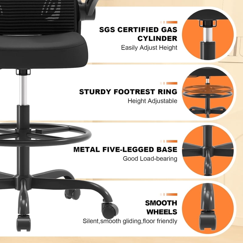 Ergonomic Tall Office Drafting Chair with Flip-Up Armrests & Lumbar Support