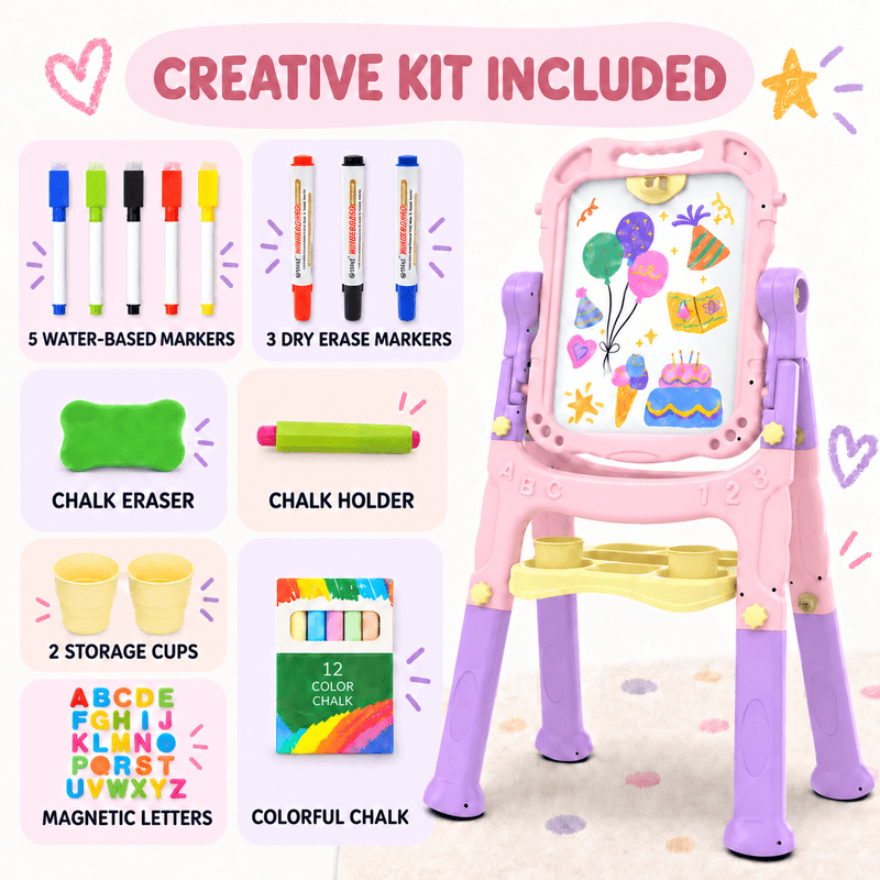 Kids Art Easel with Double-Sided Boards, Adjustable Height & Accessories - Pink