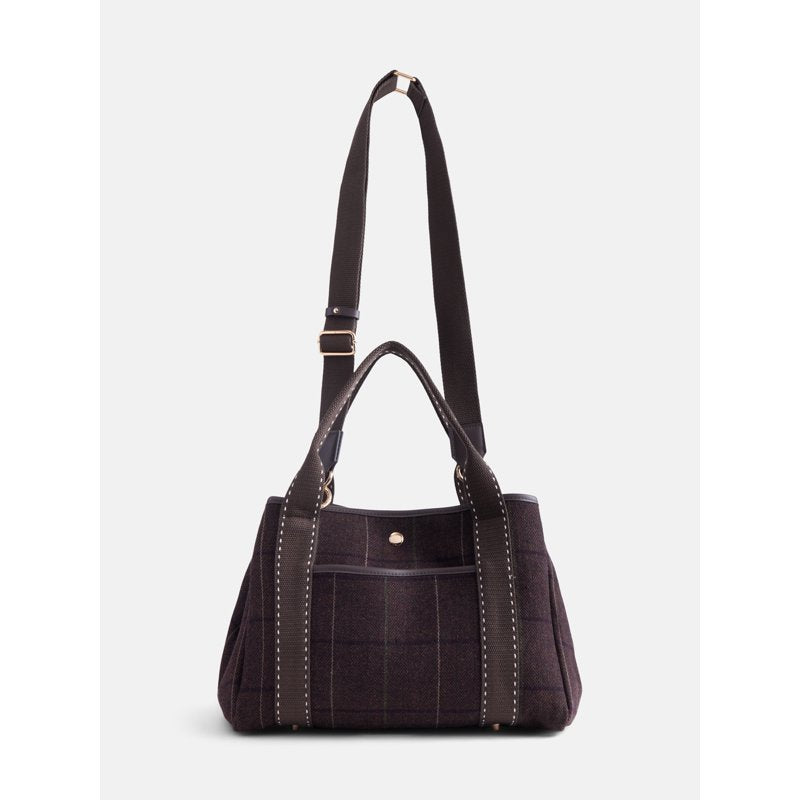 Women’s Plaid Medium Tote Handbag - Dark Brown Faux Leather Trim