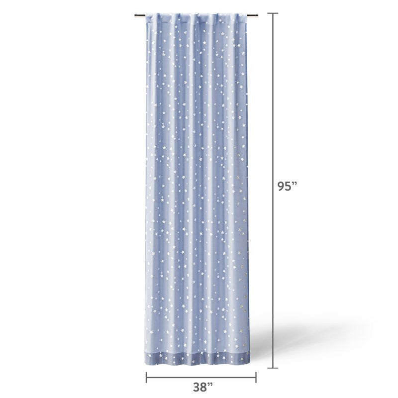 Kids Sheer Blackout Curtain Panel with Metallic Stars, Rod Pocket & Back Tabs, 38x95 in