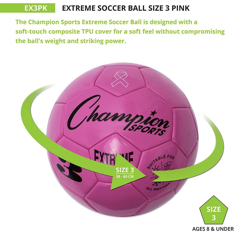 Champion Sports Extreme Soccer Ball Size 3 - Pink, All Weather, Soft Touch, High Air Retention
