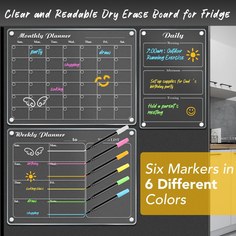 Magnetic Calendar Set for Refrigerator - Acrylic Dry Erase Planning Boards, 3 Pack with Highlights