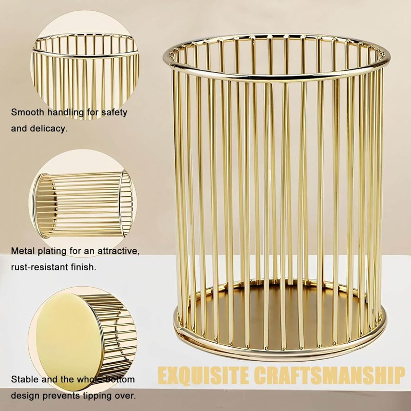 Gold Metal Pen Holder for Desk and Makeup Brush Organizer - Elegant Office & Vanity Accessory