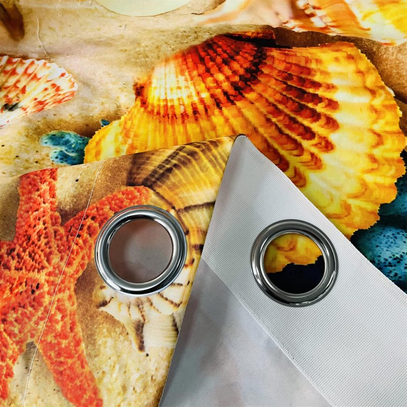 Beach Theme Conch Starfish Waterproof Curtains with 3D Seashell Print, 2 Panels