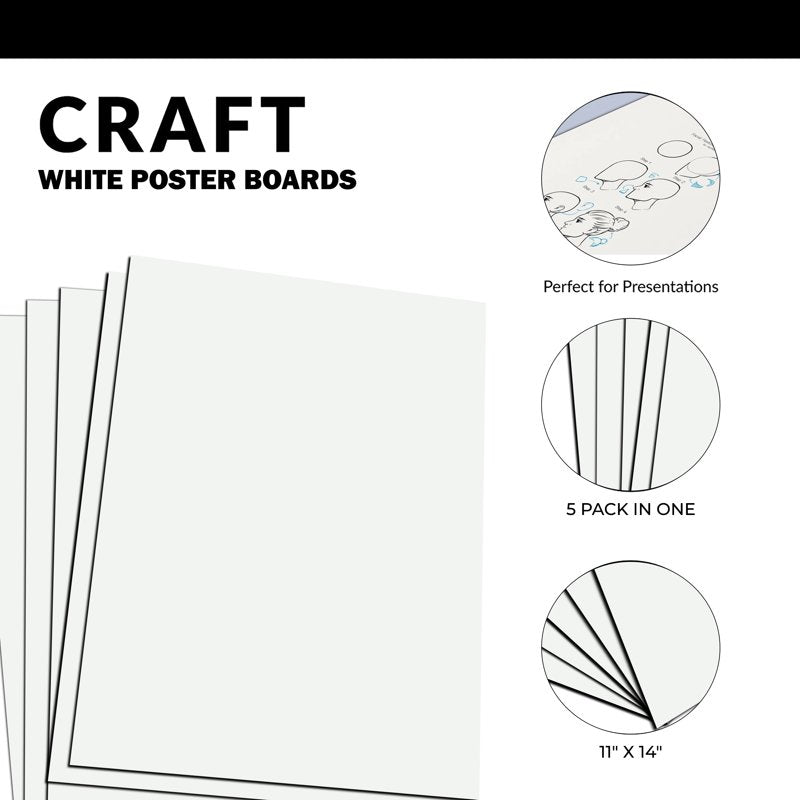 White Poster Board 11x14 Inches - Pack of 5 Display & Craft Sheets