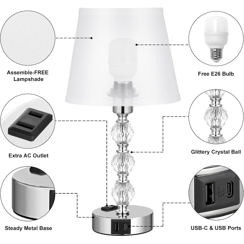 Set of 2 Touch Control Bedside Lamps with USB Charging Ports - Modern Crystal Design
