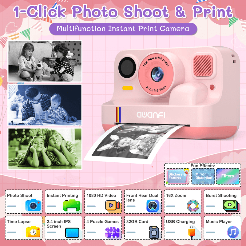 Kids Instant Print Camera with 32G SD Card & Paper - Portable Digital Toy Gift