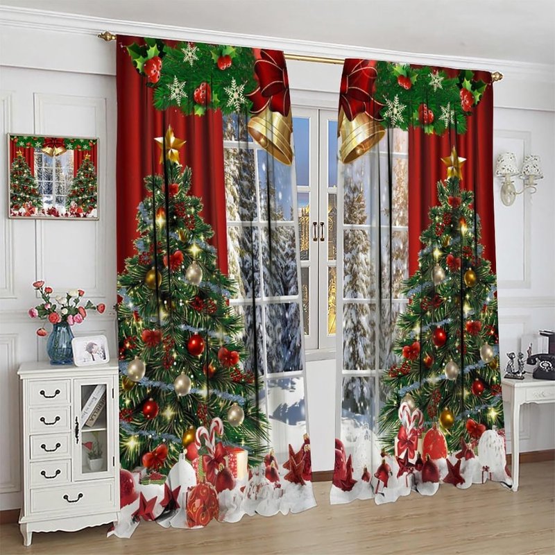 Christmas Window Curtains 2-Piece Set Holiday Decor for Living Room & Bedroom