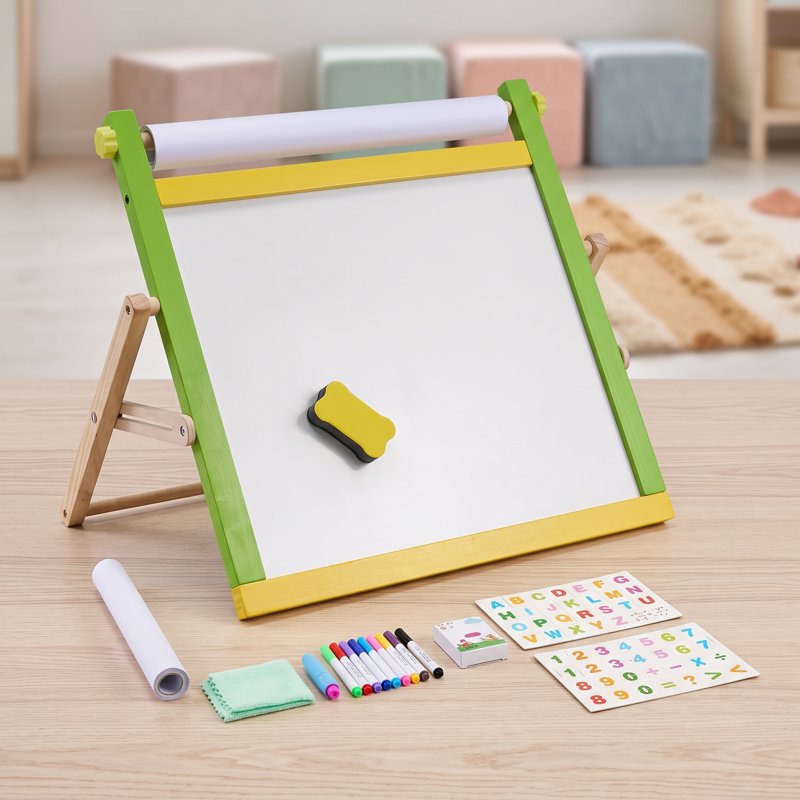 Kids Art Easel 3-in-1 Wooden Double-Sided Drawing Board with Whiteboard & Chalkboard