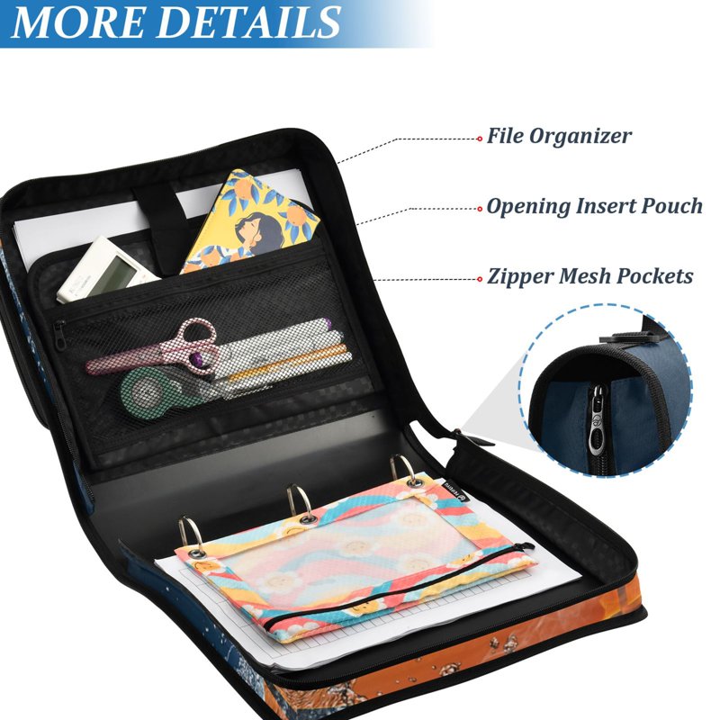Zipper Binder Folder with Multiple Pockets and 3-Ring File Storage