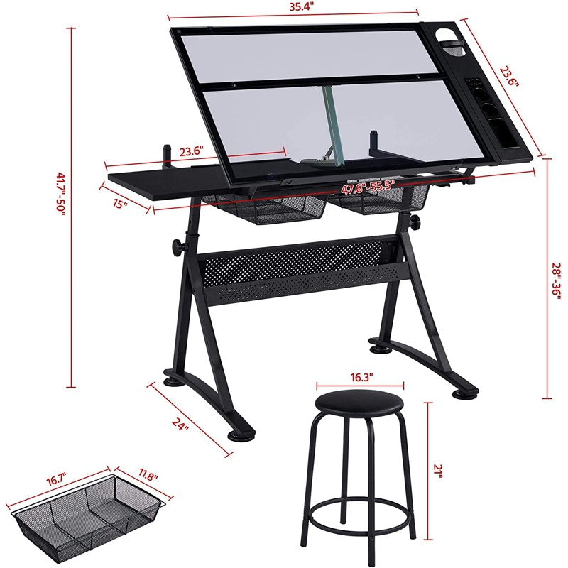 Adjustable Drafting Table with Stool and Storage Drawers - Art Craft Workstation