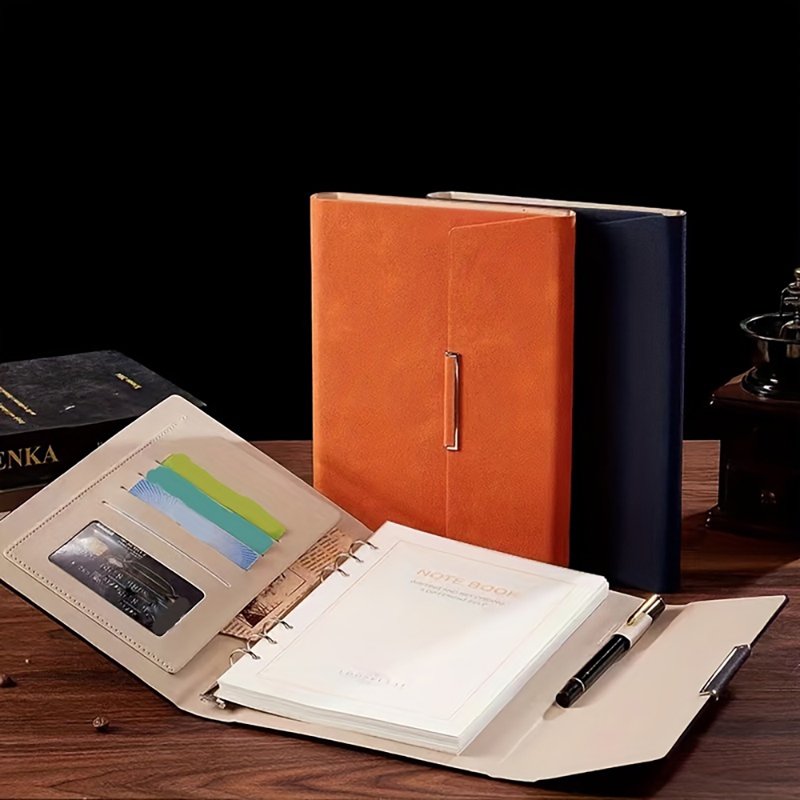 Refillable A5 Leather Notebook with Ring Binder, Card Holder & Pen Loop