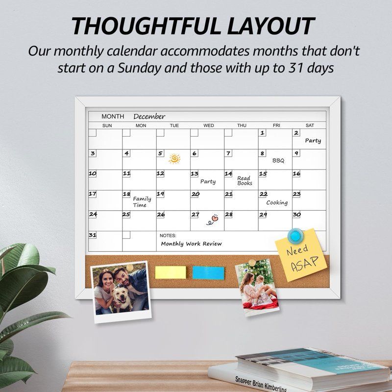 Magnetic Dry Erase Calendar & Corkboard Wall Board 17x13 in Gray Frame