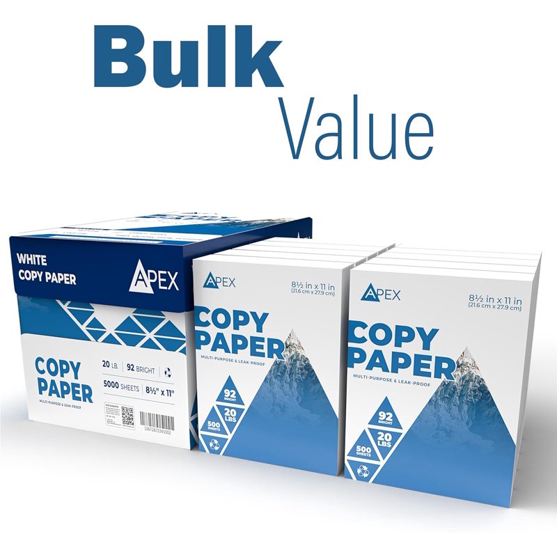 Apex White Copy Paper 8.5 x 11 Inches - Multipurpose Printer Paper, 10 Reams Case