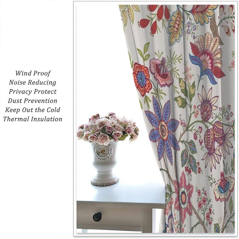 Bohemian Floral Pattern Curtains Set of 2 - Natural Botanical Window Drapes for Living Room & Bedroom