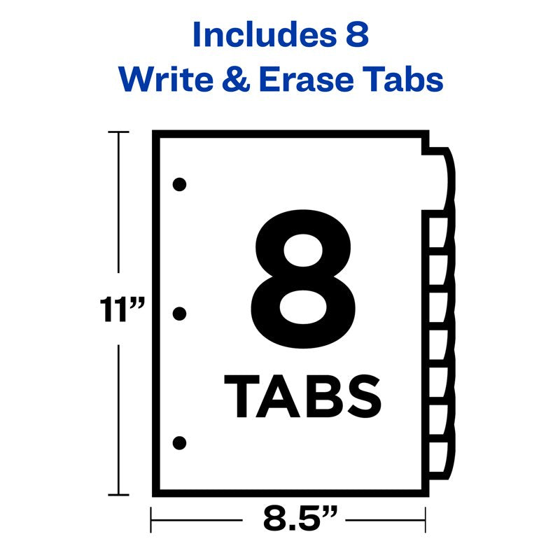 Write & Erase Plastic Dividers with Big Tabs - 8 Bright Reusable Binder Sections