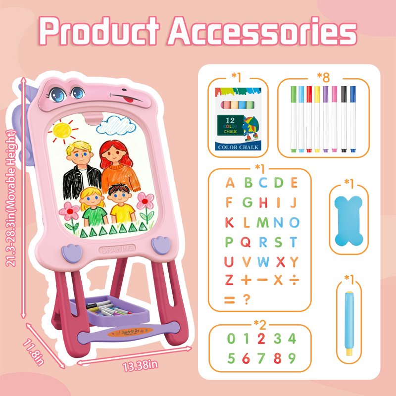 Kids Magnetic Easel for Art & Learning, Adjustable Double-Sided Drawing Board, Gift for Ages 3-8
