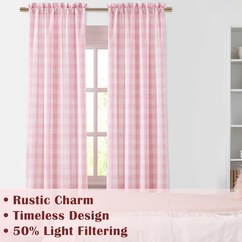 Buffalo Plaid Semi Sheer Curtains - Pink/White, 84 Inch Long, Pack of 2