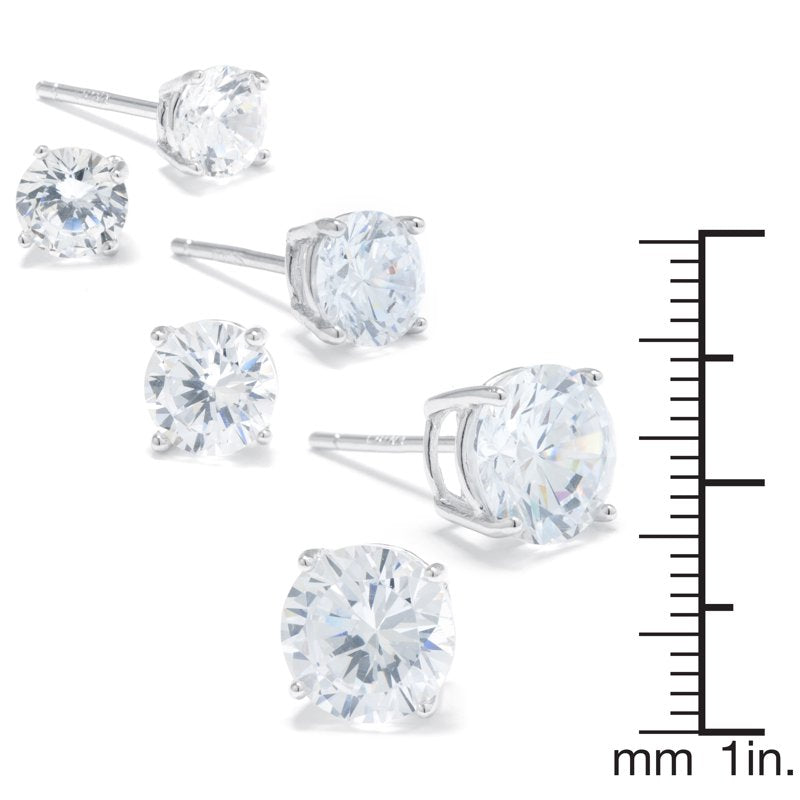 Sterling Silver Cubic Zirconia Stud Earrings Set for Women & Teens - 3 Pairs