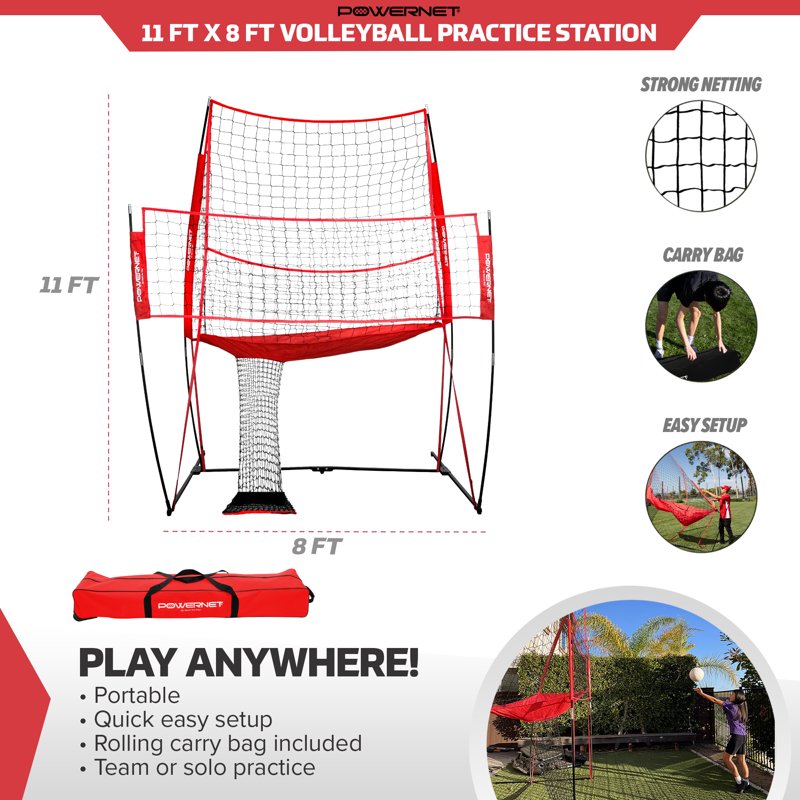 Portable Volleyball Practice Station with Large Net and Carry Bag