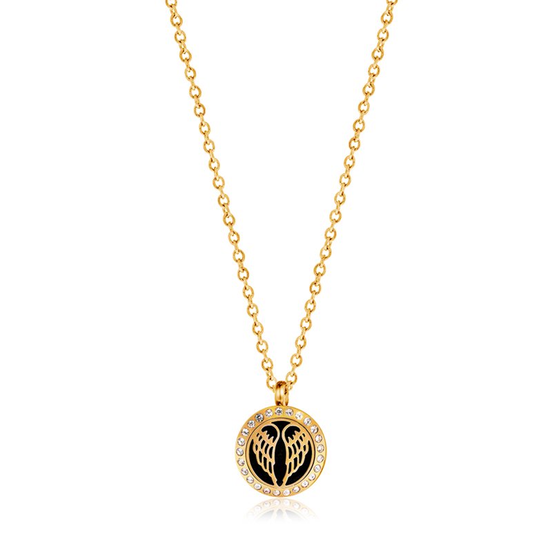 Gold Angel Wing Aromatherapy Diffuser Necklace - Essential Oil Jewelry with Rhinestones
