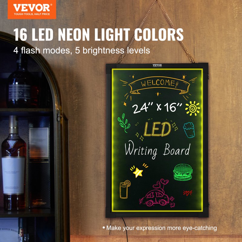 LED Message Writing Board 24x16 Inch Neon Light Sign with Markers & Remote