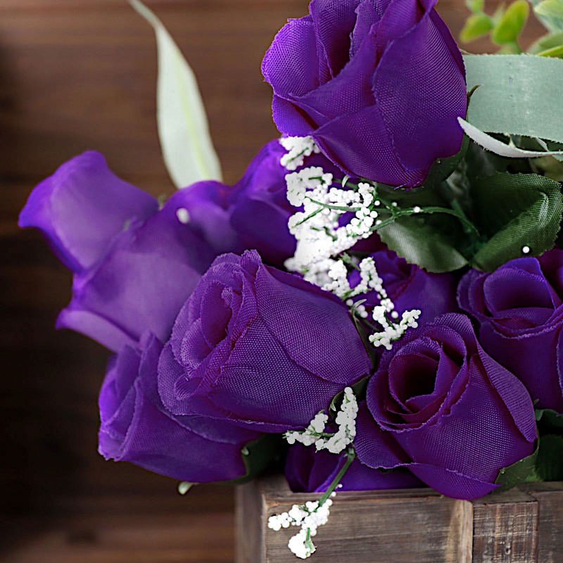 Silk Rose Buds Flowers Bouquet for Weddings & Events - 84 pcs, Purple