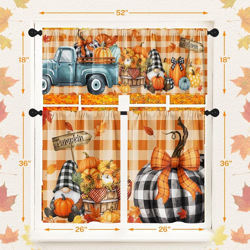 Fall Kitchen Window Curtains and Valances Set - Buffalo Plaid Pumpkins Gnomes Farmhouse Short Tier Curtain for Living Room & Bathroom, 3 Pieces