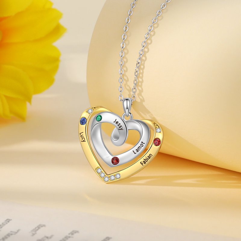 Personalized Family Necklace with Birthstones - Rhodium Plated Brass for Women