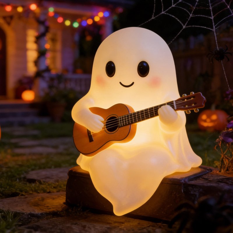 Halloween Ghost Night Light - Cute Ghost Playing Guitar Figurine Lamp for Party Bedroom Home