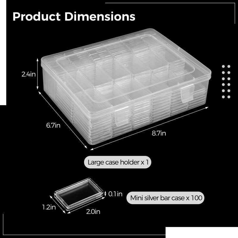 1 oz Silver Bar Storage Box with 100 Compartments - Clear Acrylic Organizer for Silver Coins and Bars