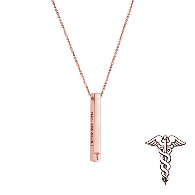 Personalized Medical Alert Necklace - 4-Sided Engravable ID Bar in Stainless Steel