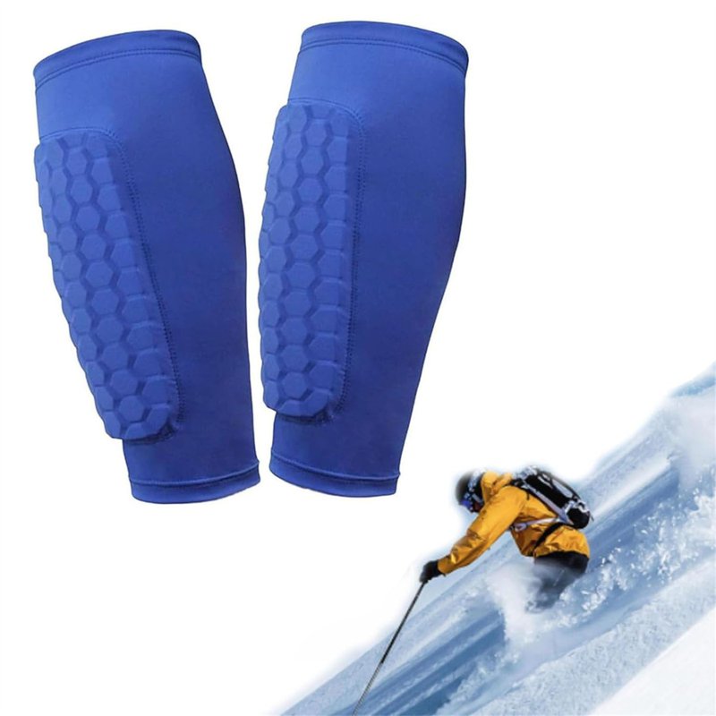 Shin Guard Socks Pair Set for Kids, Youth & Adults - Blue L - Honeycomb Pad Calf Compression Sleeves for Ski & Soccer