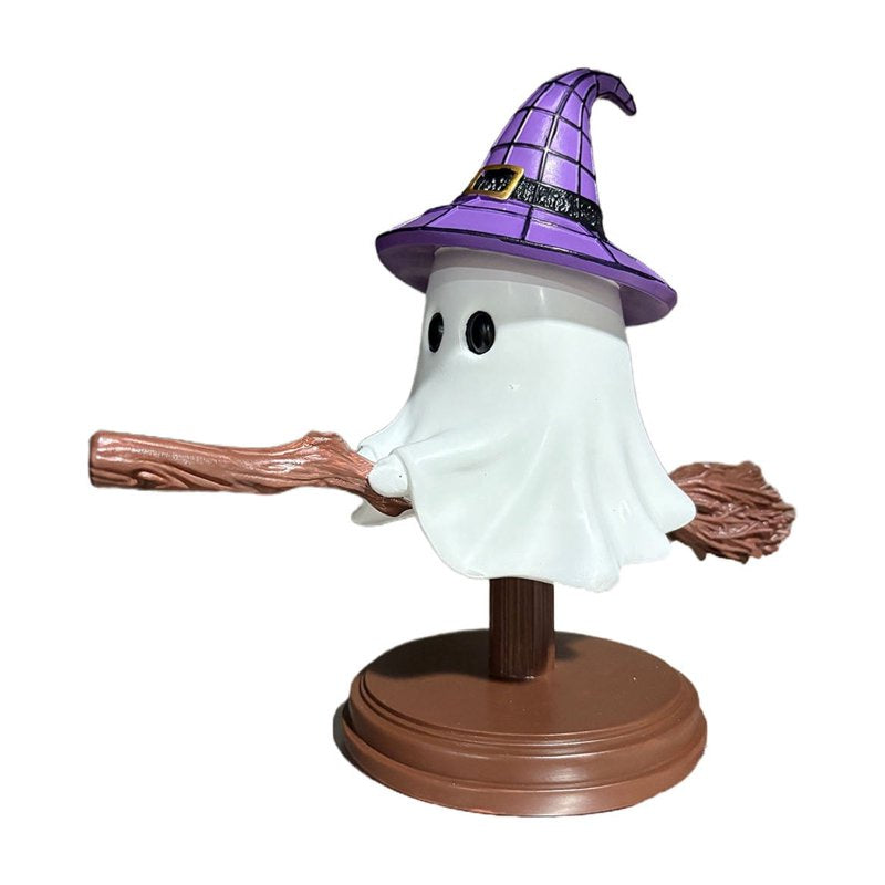 Halloween Ghost on Broomstick Night Light - Gothic Stained Glass LED Table Lamp for Bedroom & Decor