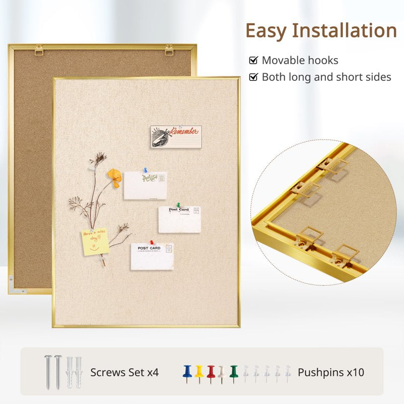 Linen Bulletin Board with Gold Frame - Wall Cork & Fabric Organizer