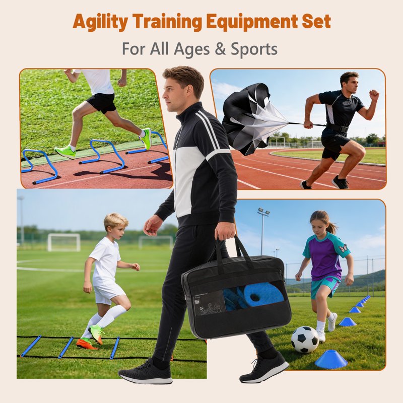 SHOUFTW Agility Ladder Training Set with Speed Parachute, Hurdles, Cones, Jump Rope - Blue