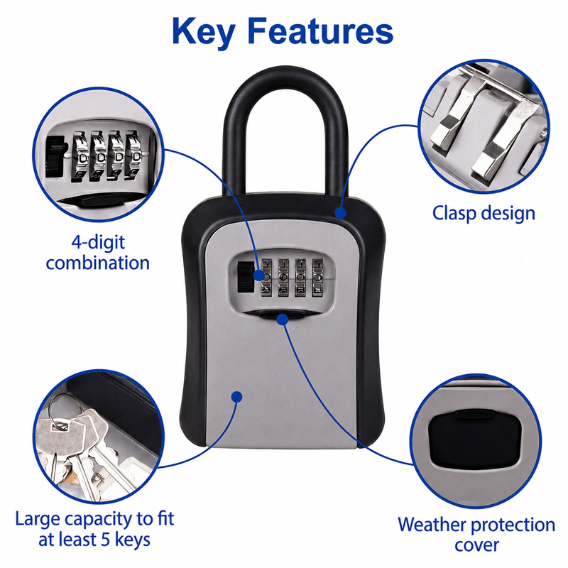 Weatherproof Key Lock Box with Resettable 4-Digit Code for Outdoor Security - Holds 5 Keys