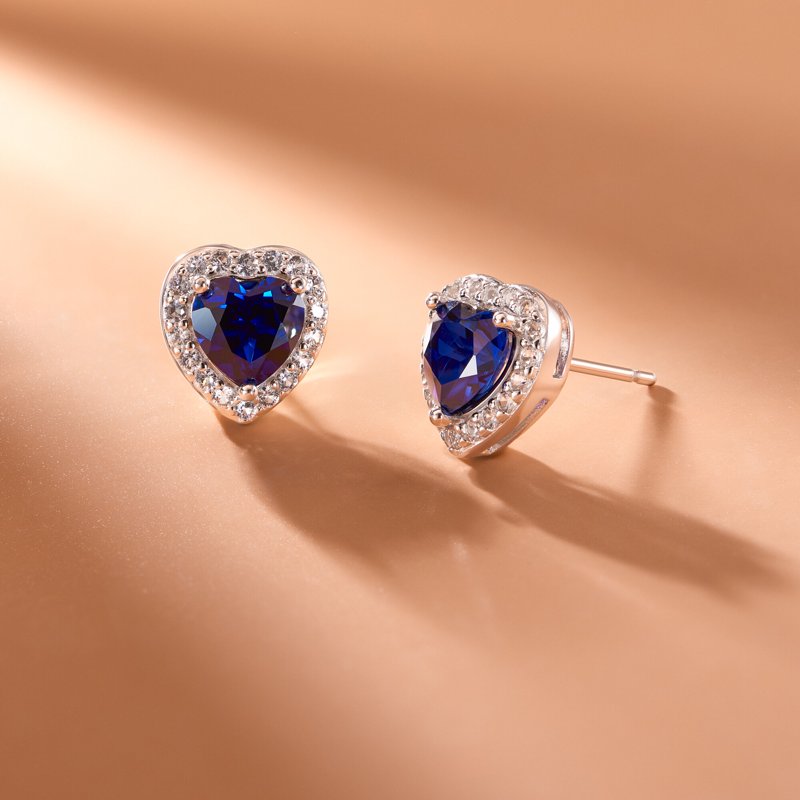 Sterling Silver Heart Halo Earrings with Blue and White Sapphires - Gift-Ready Jewelry