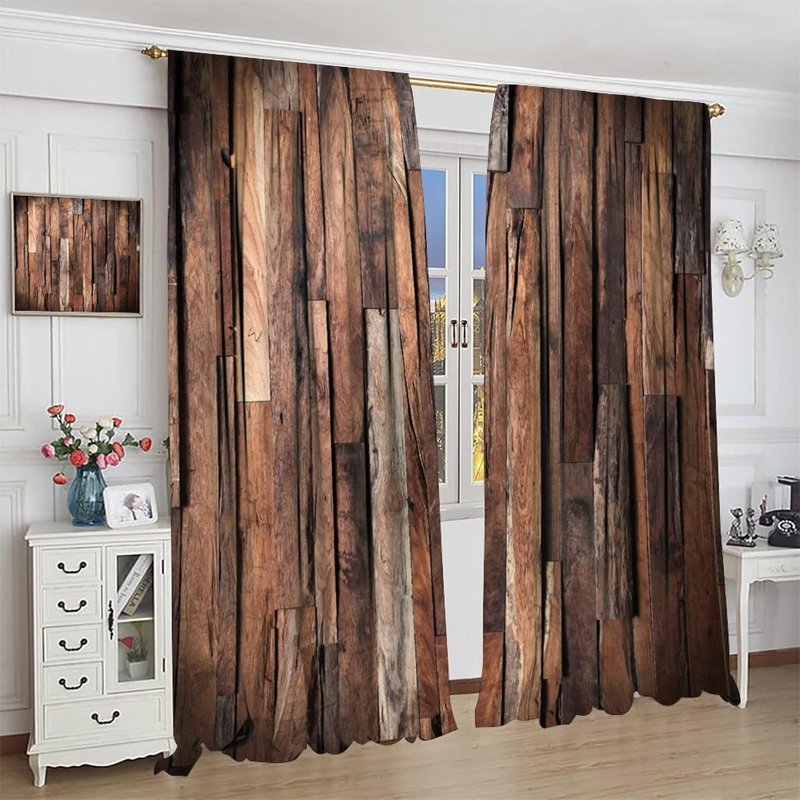 Rustic Wood Curtains - Vintage Style Blackout Window Drapes for Living Room & Bedroom