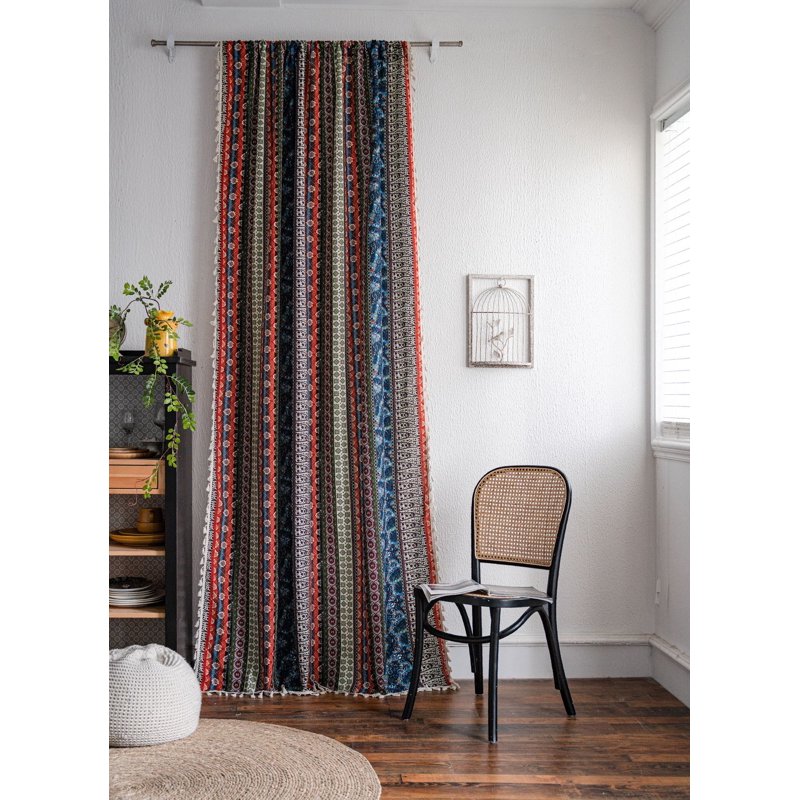 Boho Tribal Window Curtains with Tassels - Cotton Linen Panel, 59x86 Inches