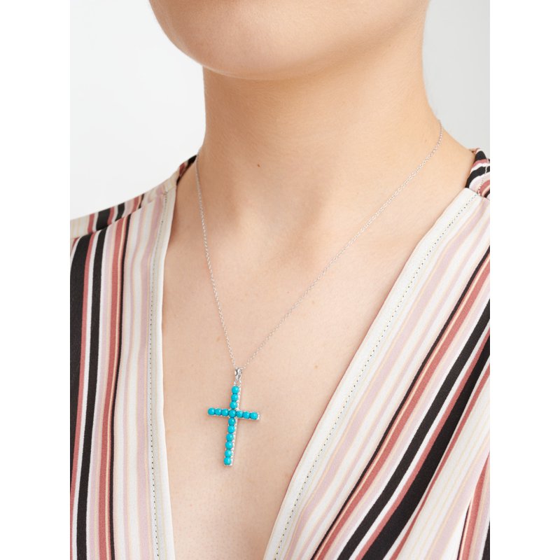 Women's Platinum Over Sterling Silver Turquoise Cross Necklace - Adjustable Chain