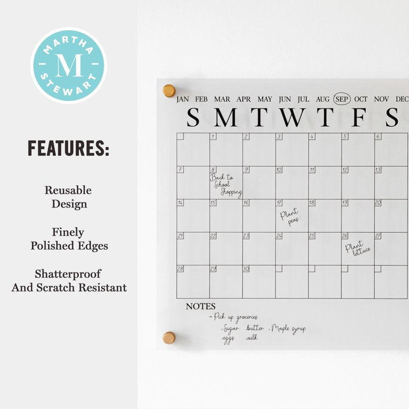 Acrylic Dry Erase Wall Calendar 14-Inch Square with Mounting Hardware